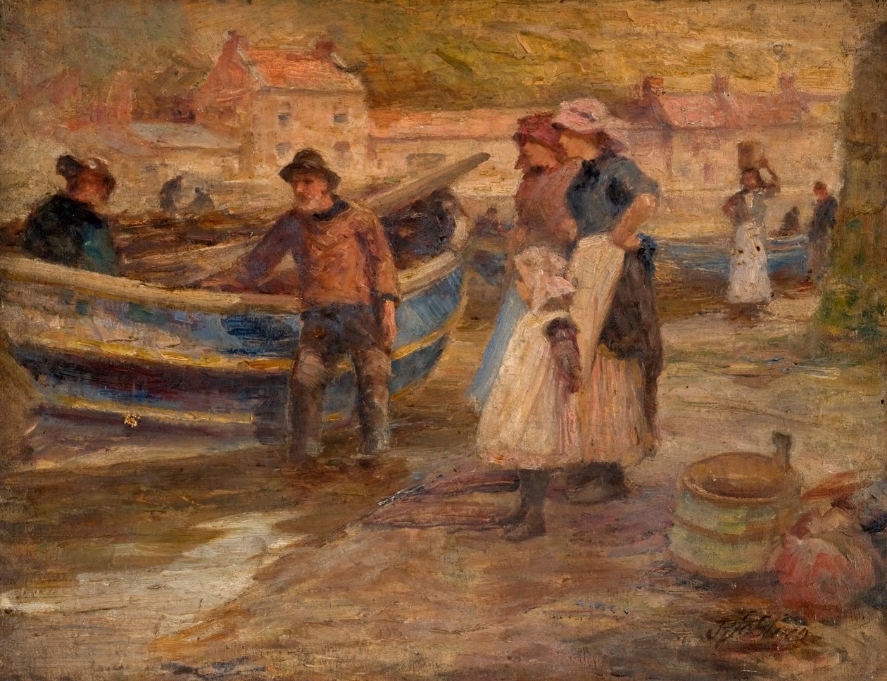 Havenscène met vissers door Robert Jobling