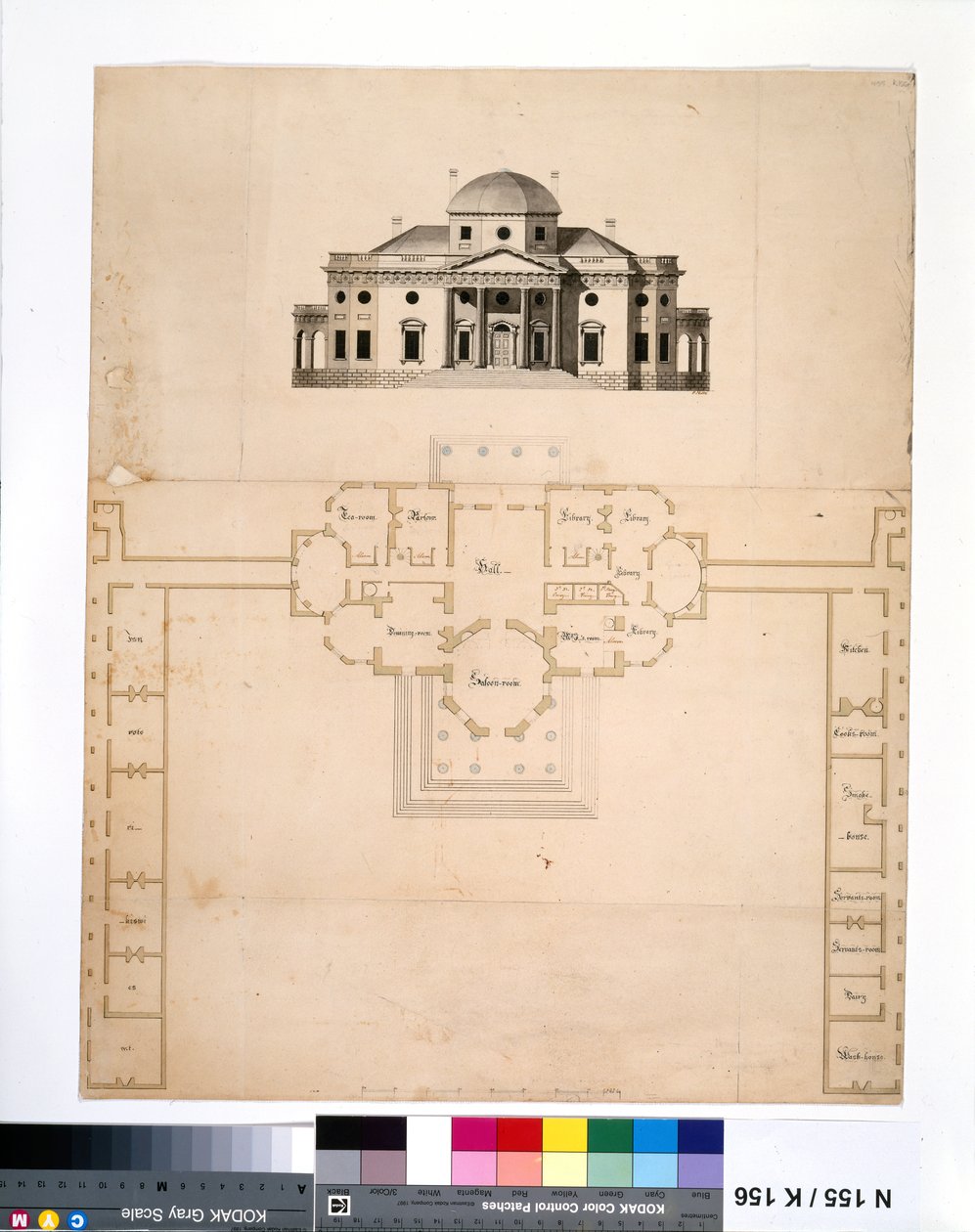 Monticello: 2e versie (plan en westelijke elevatie) door Robert Mills
