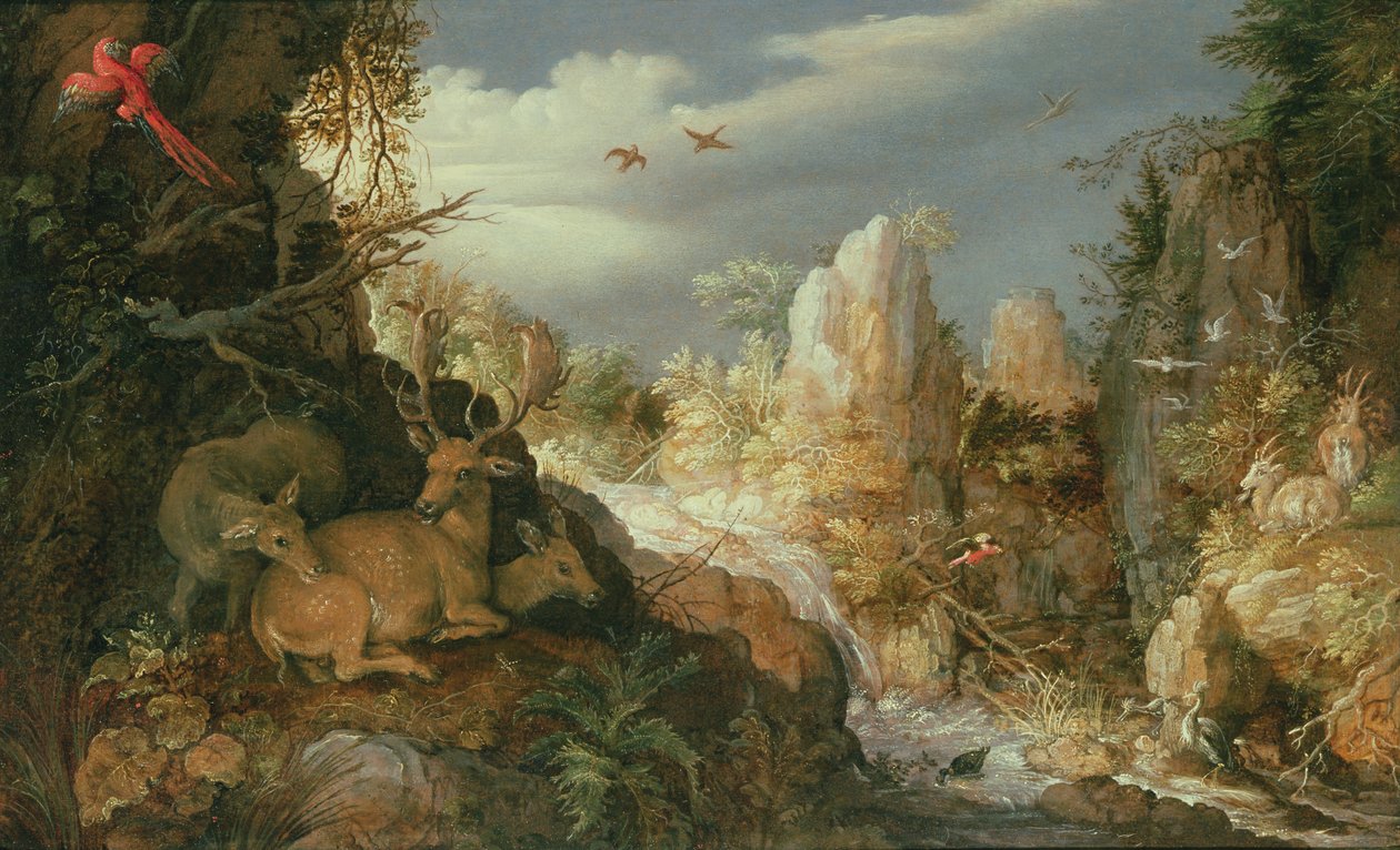 Berglandschap met herten door Roelandt Jacobsz. Savery