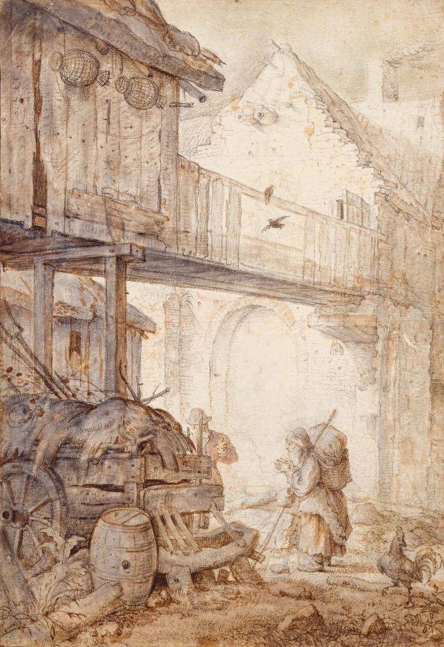 Verlaten Binnenplaats met een Bedelares, ca. 1608 door Roelant Saverij