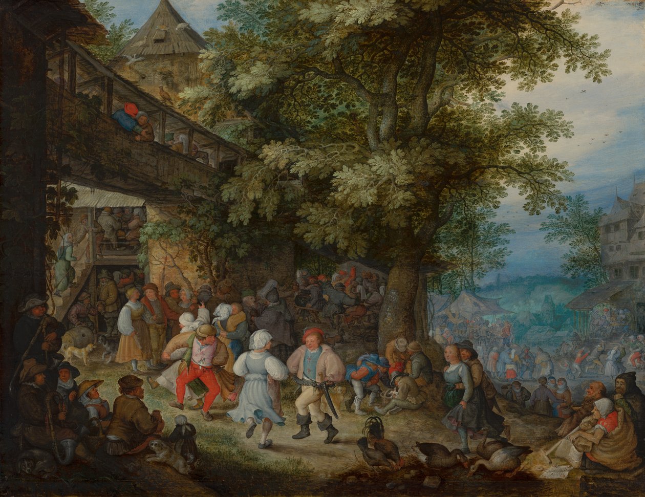 Boeren dansen buiten een Boheemse herberg door Roelant Savery
