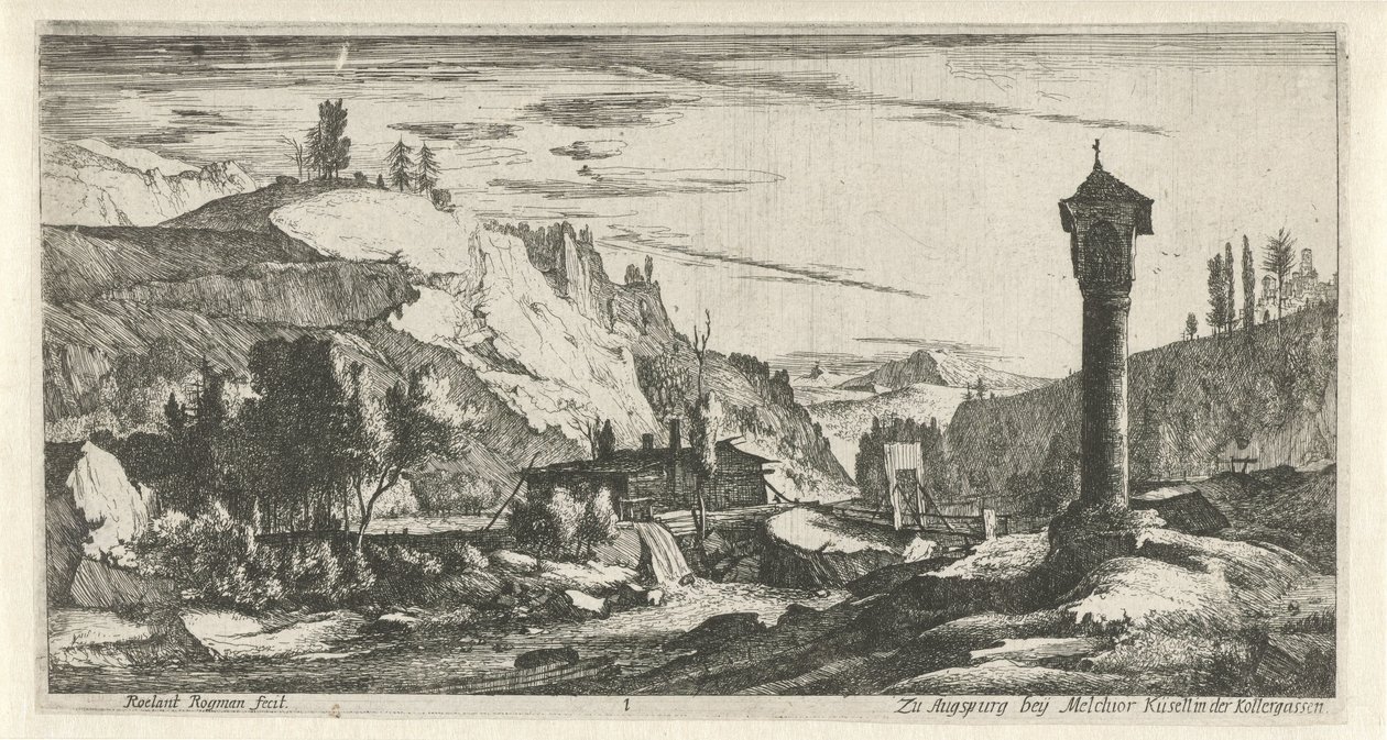 Bergachtig landschap met zuil Tiroolse landschappen door Roelant Roghman