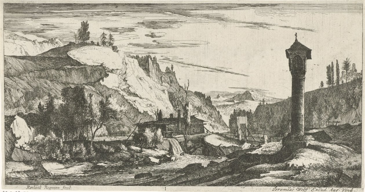 Bergachtig landschap met zuil door Roelant Roghman
