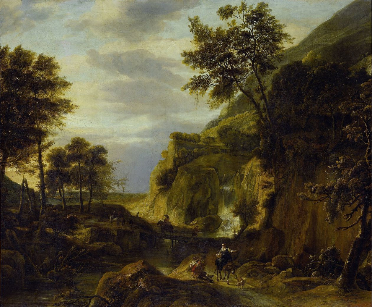 Berglandschap met waterval door Roelant Roghman