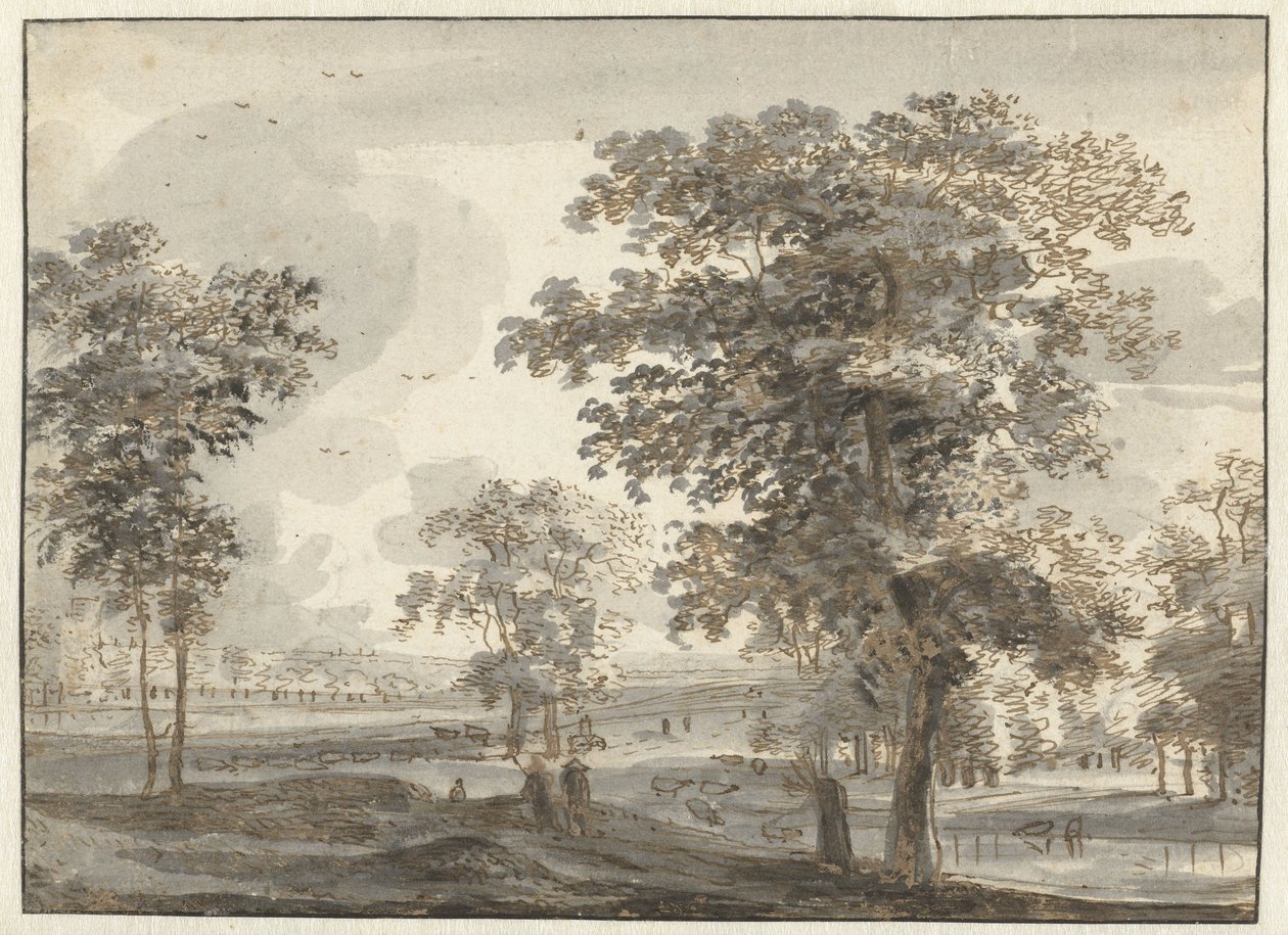 Boslandschap met herders bij een rivier door Roelant Roghman