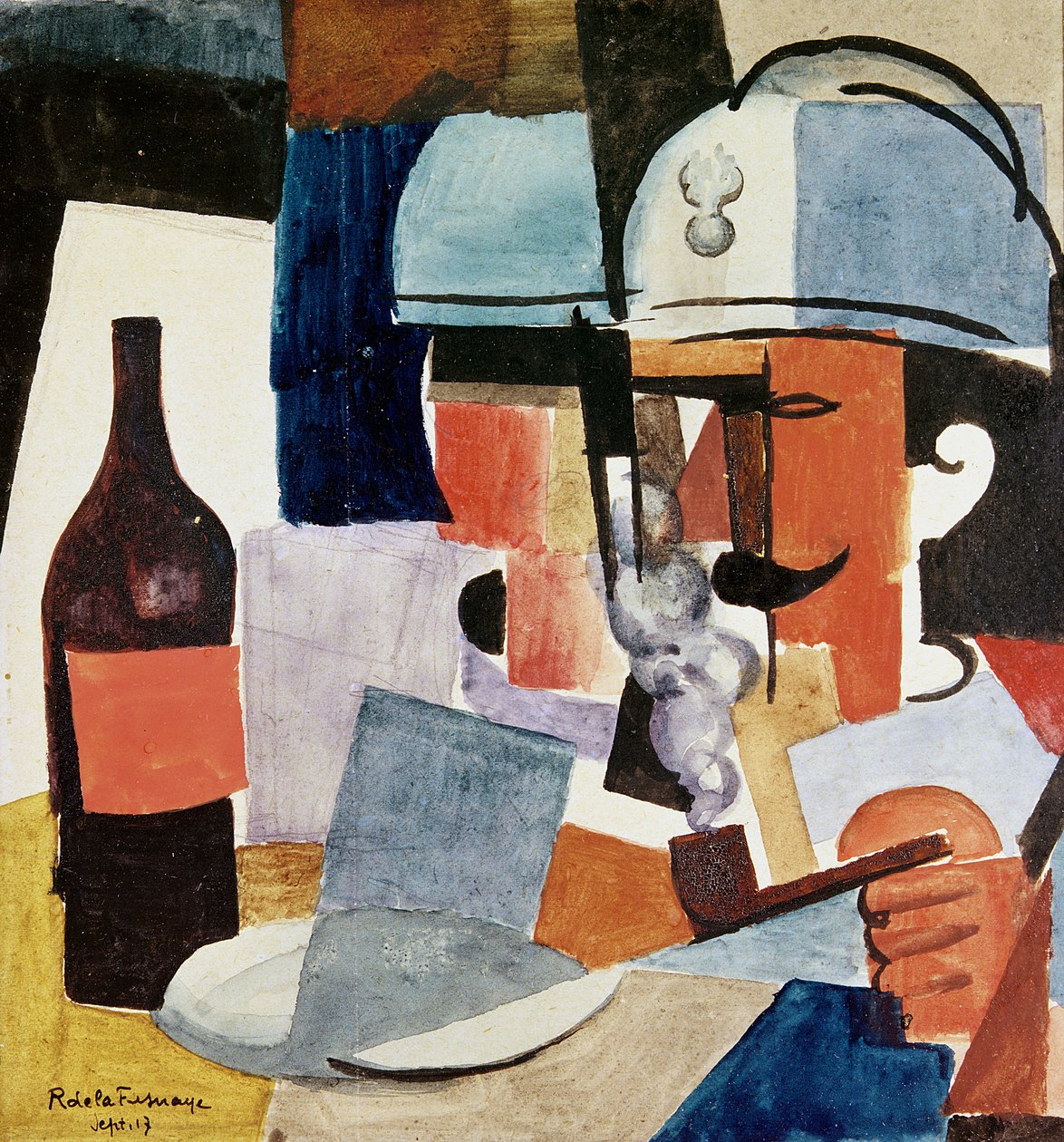 Soldaat met pijp en fles door Roger de La Fresnaye