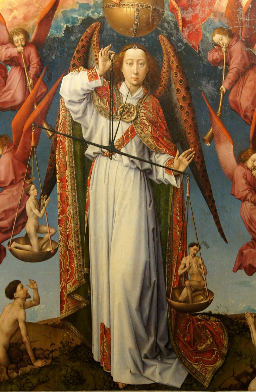 Close-up van Aartsengel Sint-Michael die zielen weegt (detail) door Rogier van der Weyden