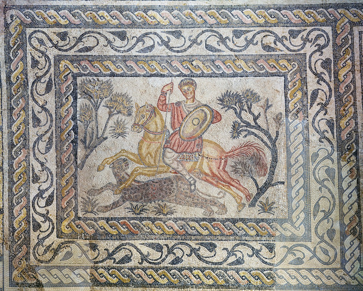 Een mozaïek die een luipaardjacht uitbeeldt, uit de Villa de las Tiendas, ca. 326-400 door Roman