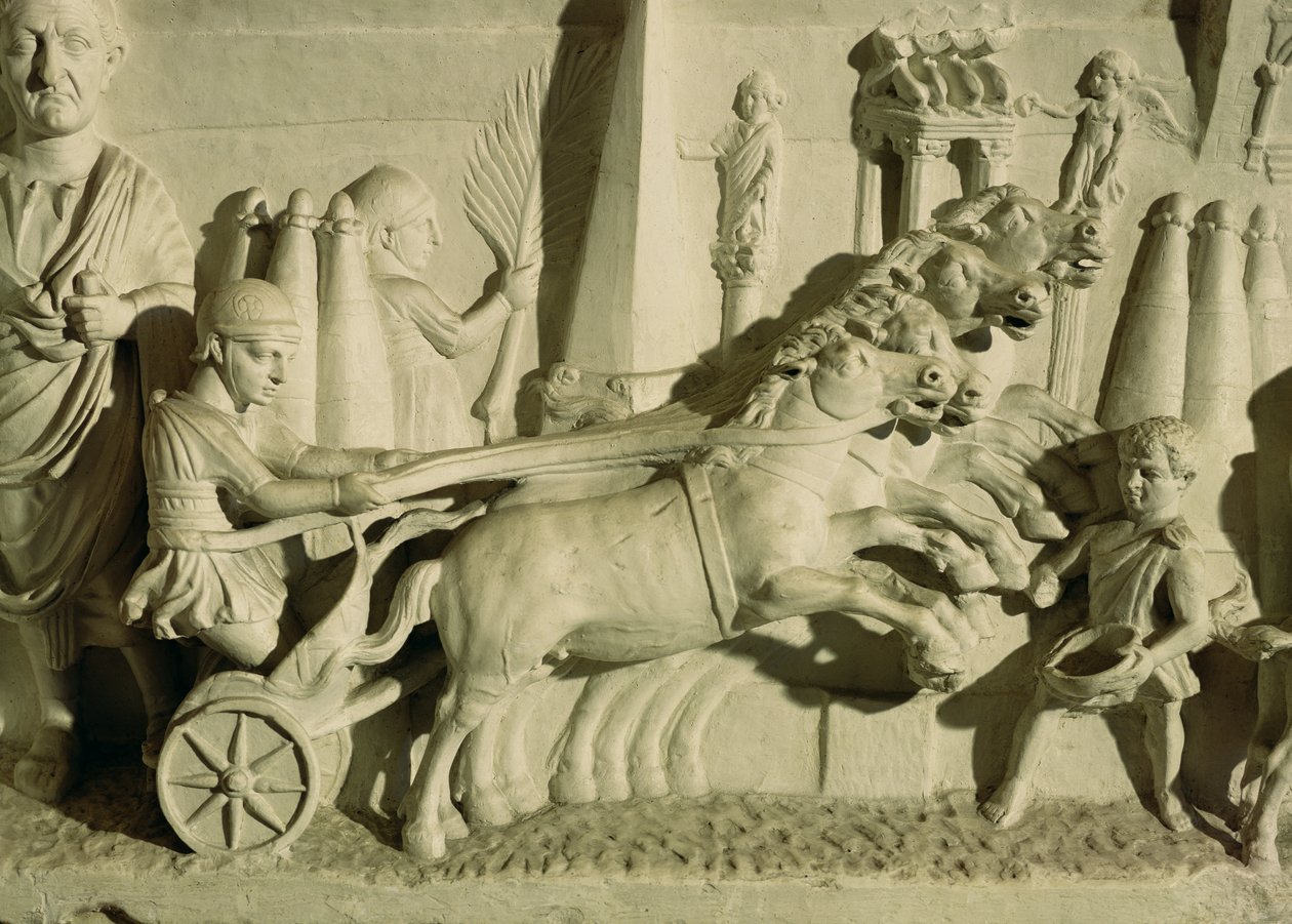 Reliëf dat een wagenrace uitbeeldt door Roman