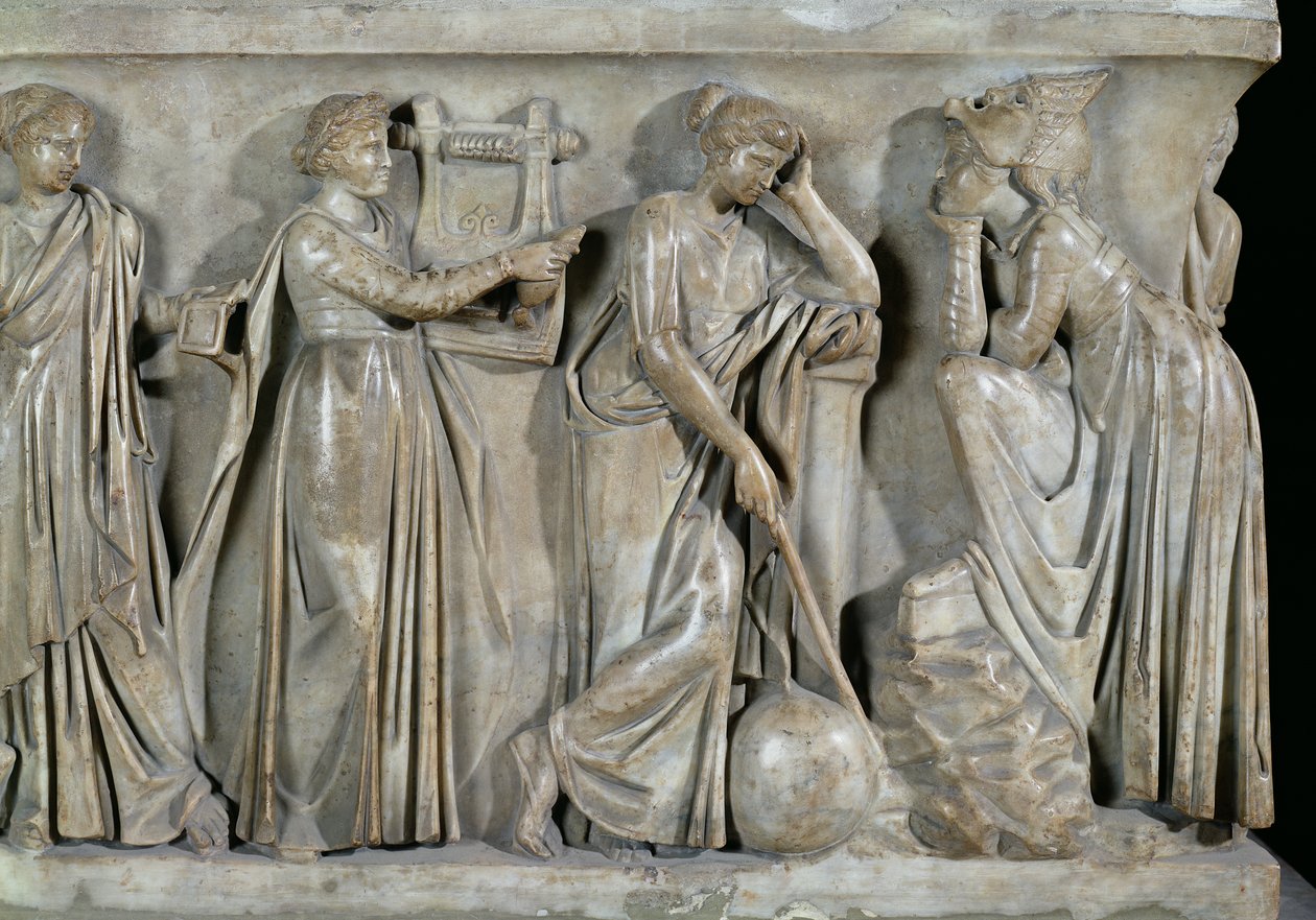 Sarcophagus van de Muzen, detail met Terpsichore, Urania en Melpomene door Roman