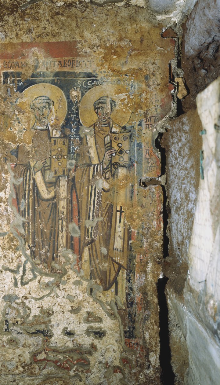 Muurschildering uit de crypte van de pausen, catacomben van San Callisto, Rome door Roman