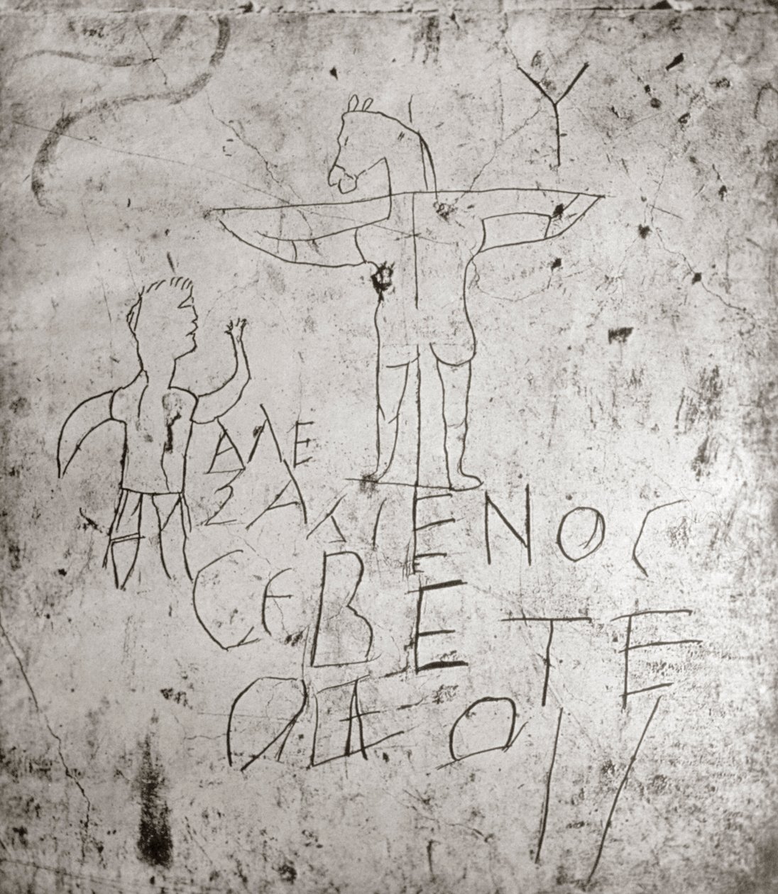 Godslasterlijk graffito van een kruisiging door Roman