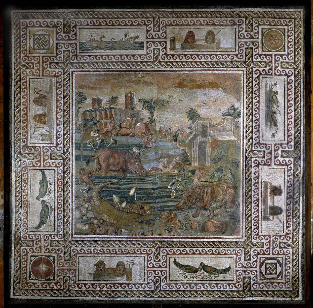 Nijlpaardjacht op de Nijl (mozaïek) door Roman