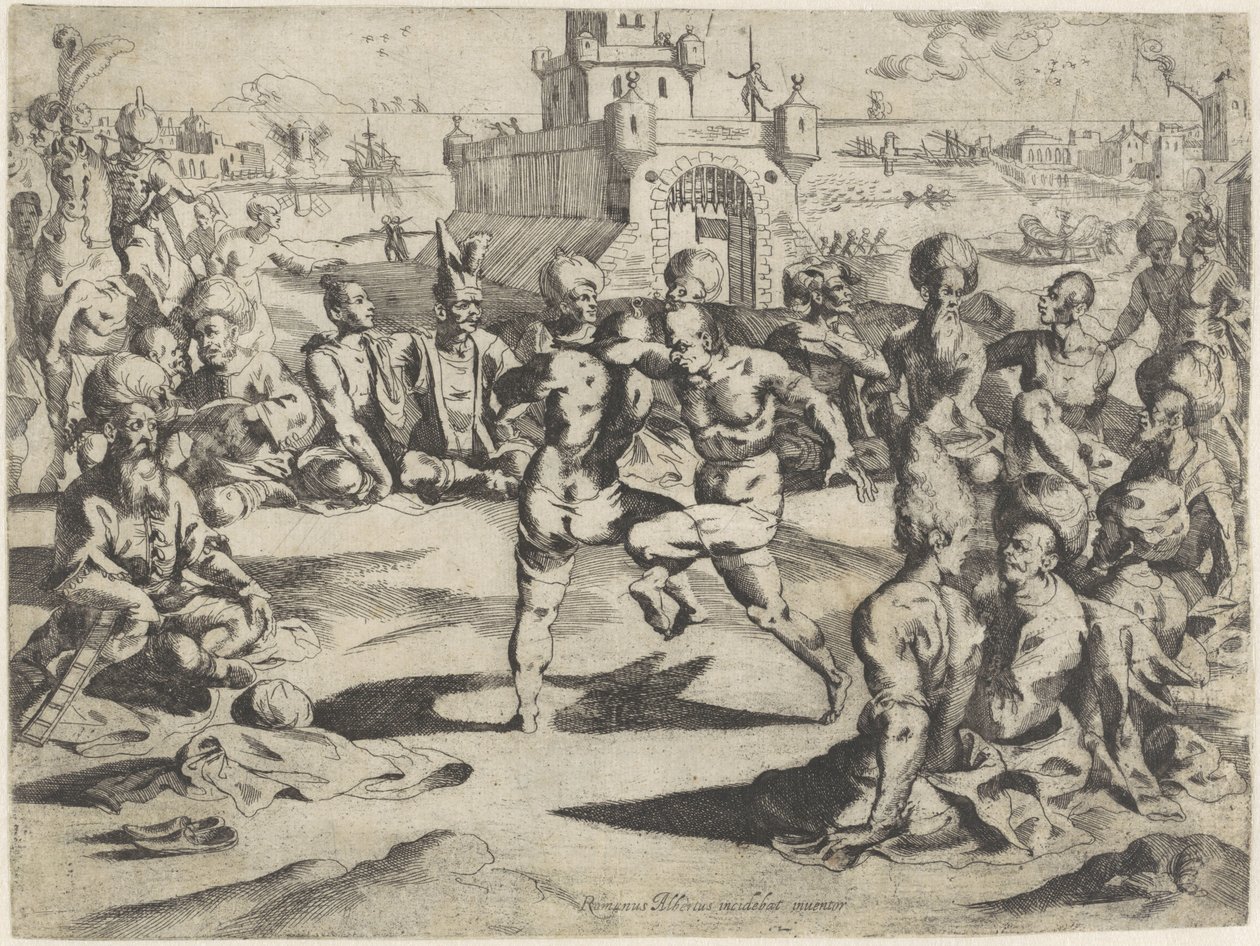 Turkse olieworstelaars door Romano Alberti