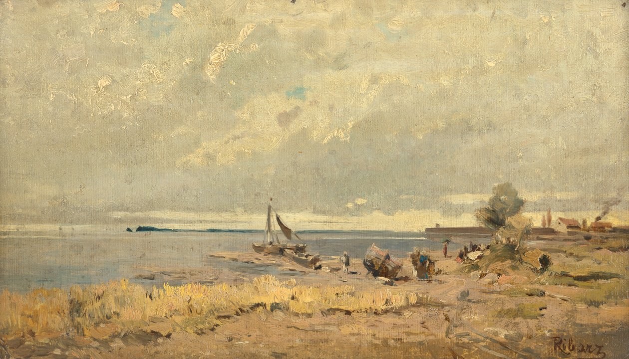 Strandlandschap met boten door Rudolf Ribarz