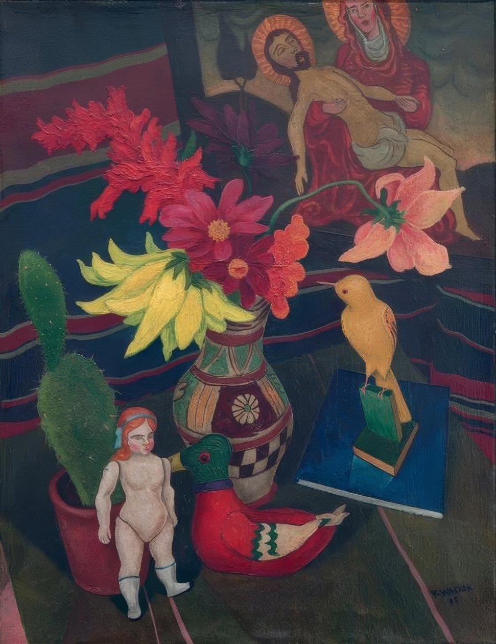 Stilleven met naakte pop, cactus en Pietàbeeld door Rudolf Wacker