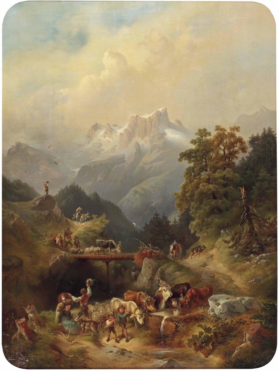 Feestelijke almabtrieb in de bergen door Rudolf Swoboda der Ältere
