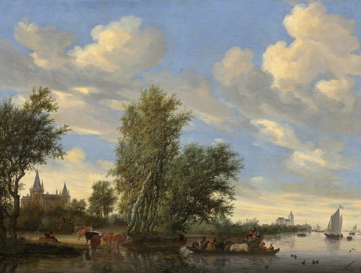 Rivierlandschap met veerboot door Salomon van Ruisdael or Ruysdael
