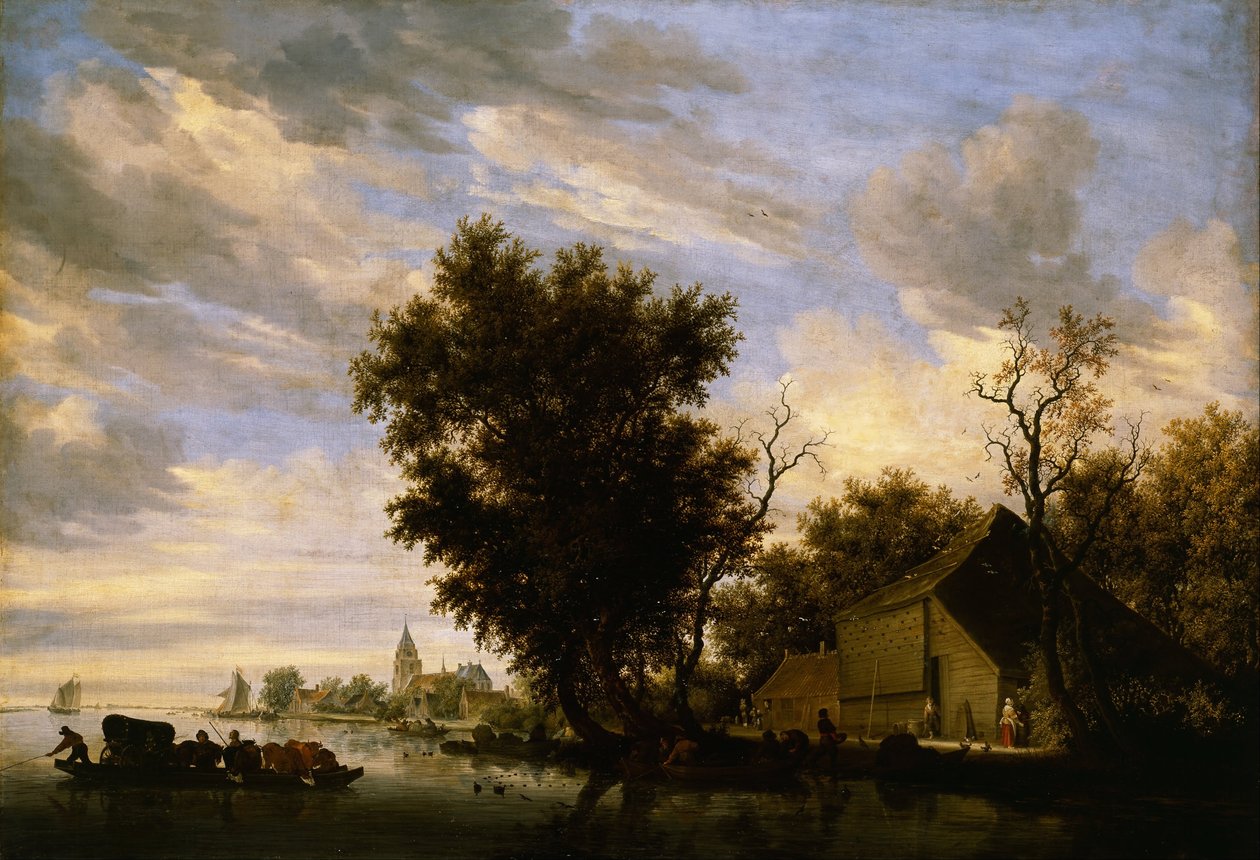 Rivierscène met veerboot door Salomon van Ruisdael or Ruysdael