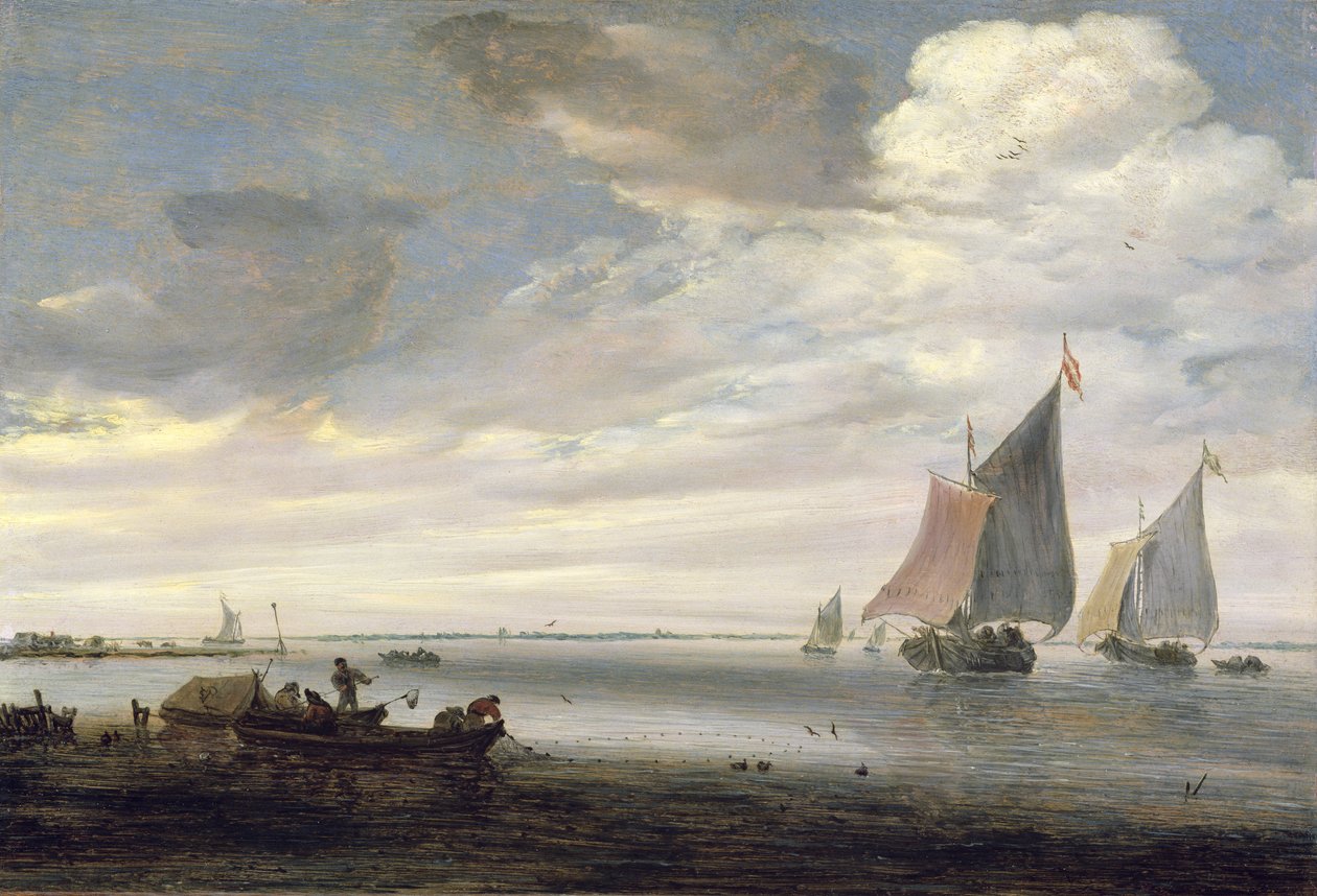 Brede riviermonding met boten door Salomon van Ruisdael or Ruysdael