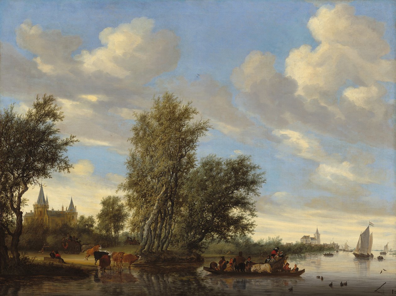 Rivierlandschap met veerboot door Salomon van Ruisdael or Ruysdael