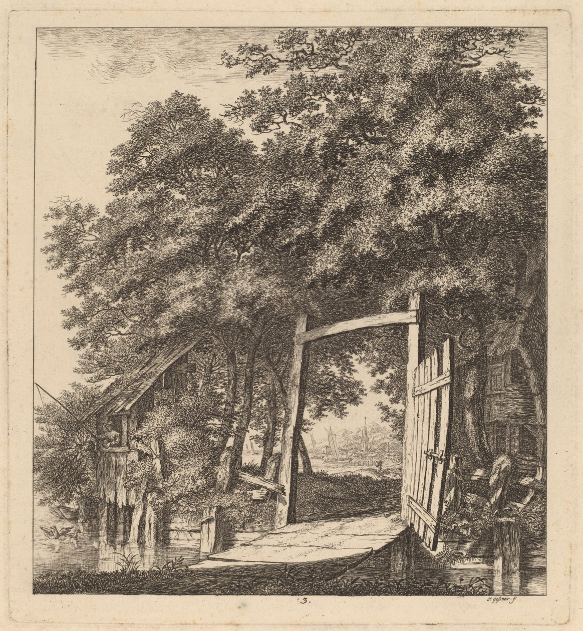 Een rustieke poort naast een meer door Salomon Gessner