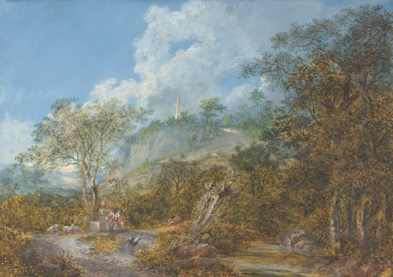 Arcadisch landschap met een obelisk door Salomon Gessner