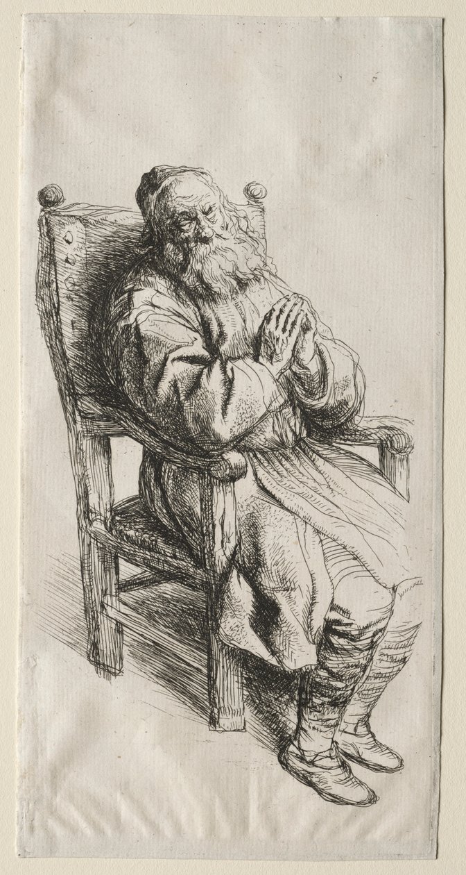 Een oude man in een stoel, biddend door Salomon Koninck