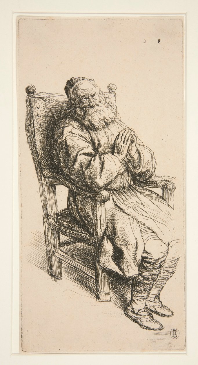 Oude man slapend in een fauteuil door Salomon Koninck