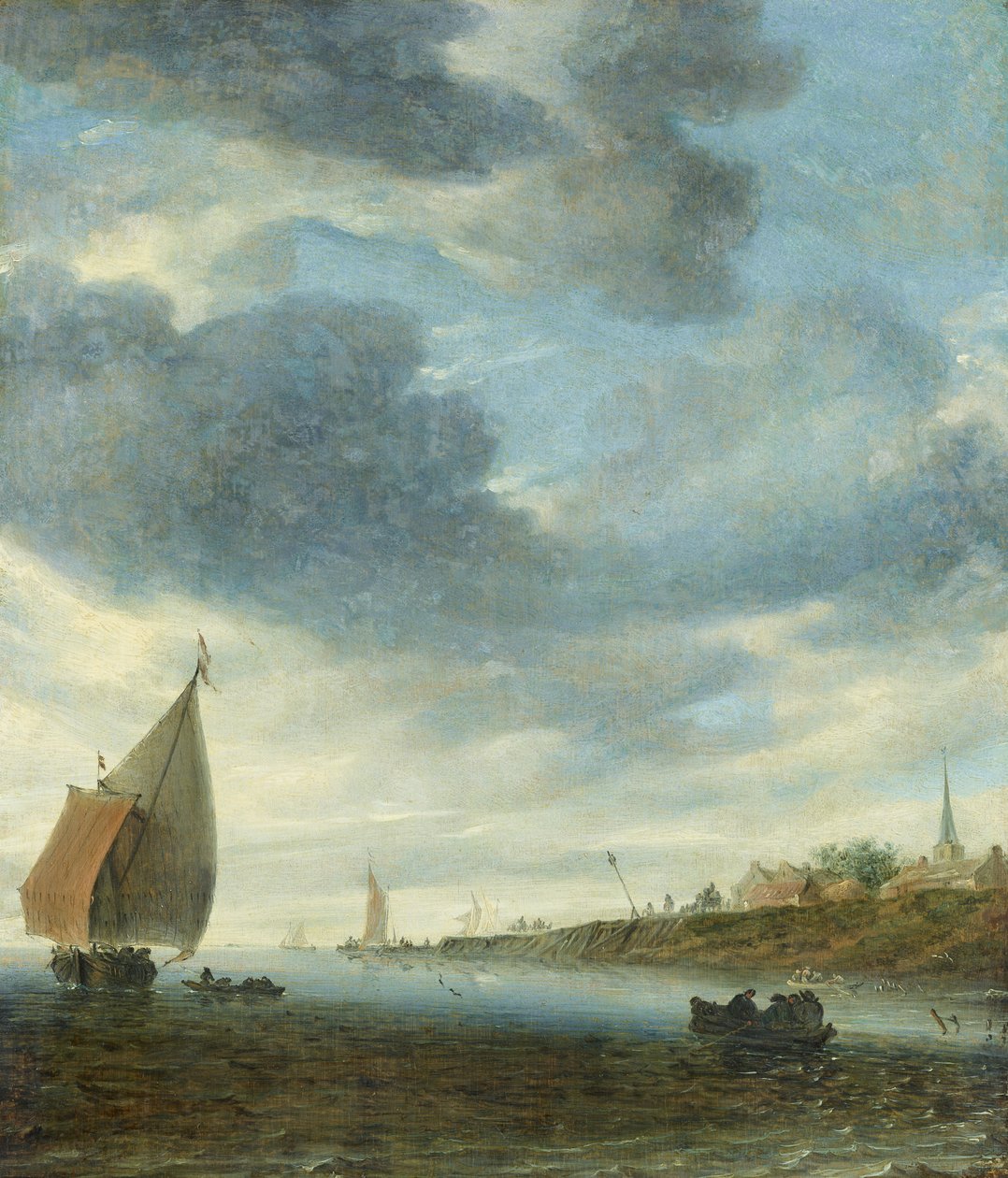 Binnenwateren met een zeilboot door Salomon van Ruysdael