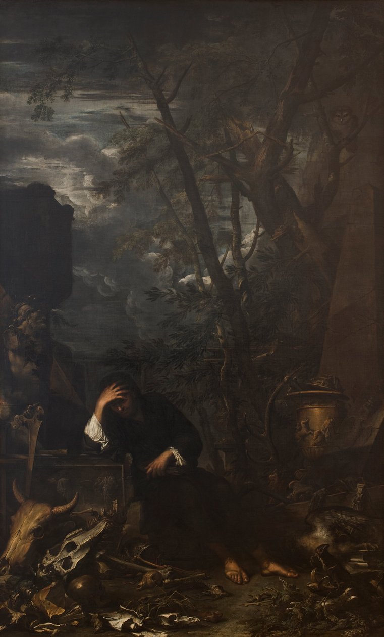 Democritus in meditatie door Salvator Rosa