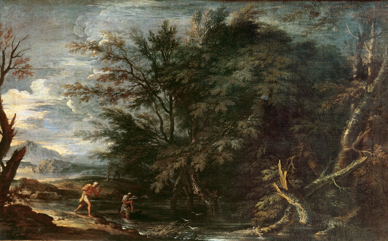 Landschap met Mercurius en de Oneerlijke Houthakker, c.1650 door Salvator Rosa