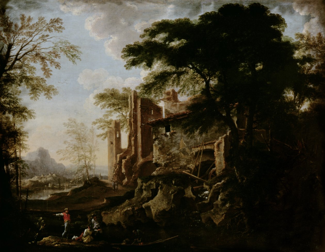 Landschap met een watermolen door Salvator Rosa