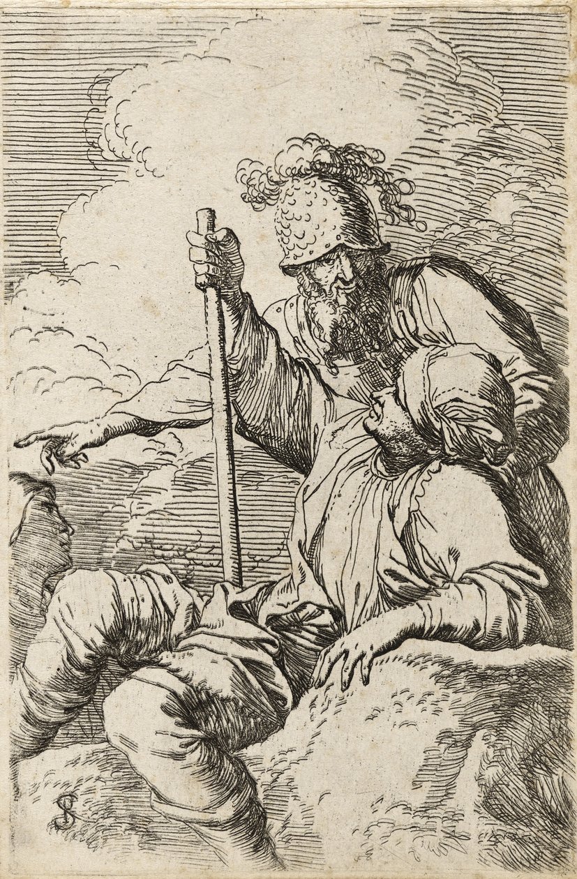 Drie krijgers, een zittend op een voorgrondrots met een staf; de tweede staand achter hem wijzend; de derde als gezicht achter hen door Salvator Rosa