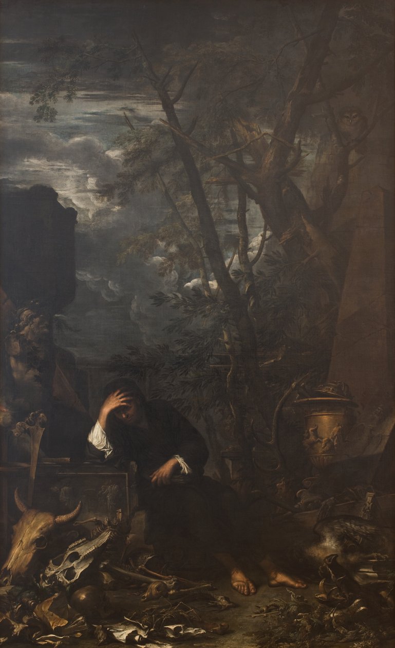 Democritus in Meditatie door Salvator Rosa