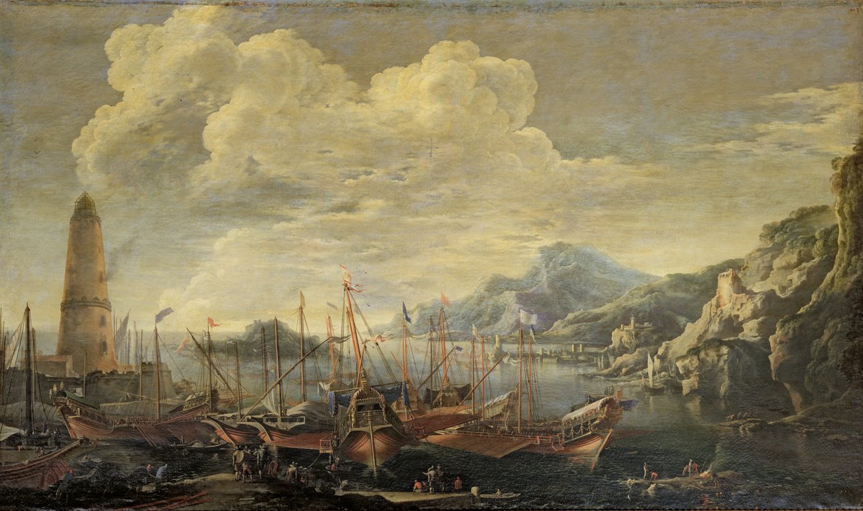 Haven met Vuurtoren en Schepen door Salvator Rosa