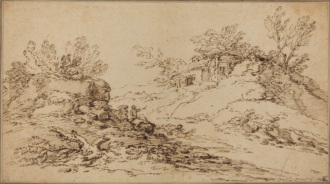 Rotsachtig landschap met een rustiek huis door Salvator Rosa