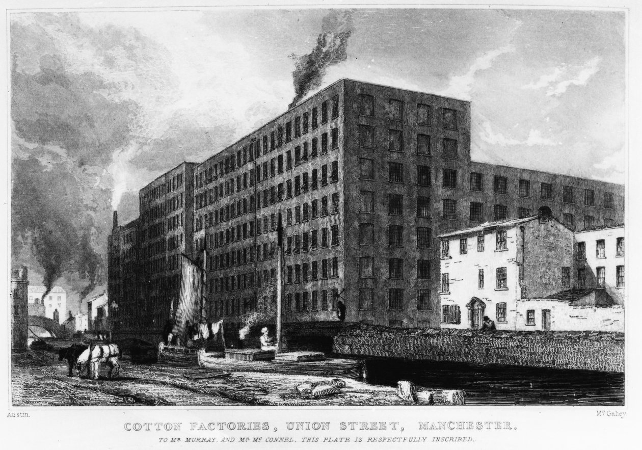 Katoenfabrieken, Union Street, Manchester, gegraveerd door John McGahey, 1829 door Samuel Austin