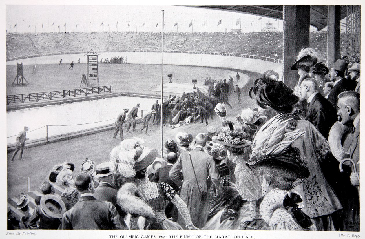De finish van de marathon, de Olympische Spelen, 1908 door Samuel Begg