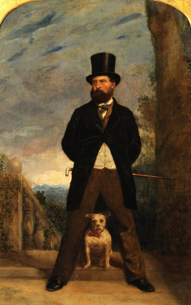 Zelfportret met zijn Hond, Madame Sacchi, ca. 1866 door Samuel Bough