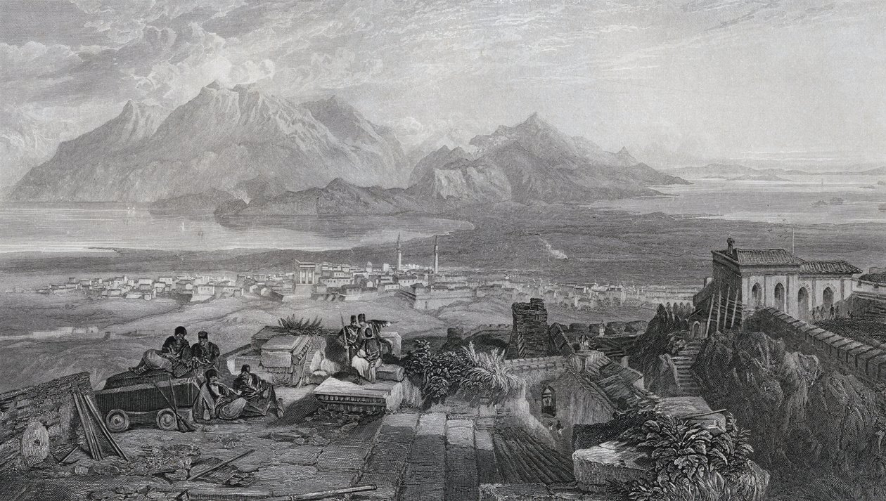Stad en Landengte van Korinthe gezien vanaf de Akropolis, gegraveerd door W. Miller, uit 