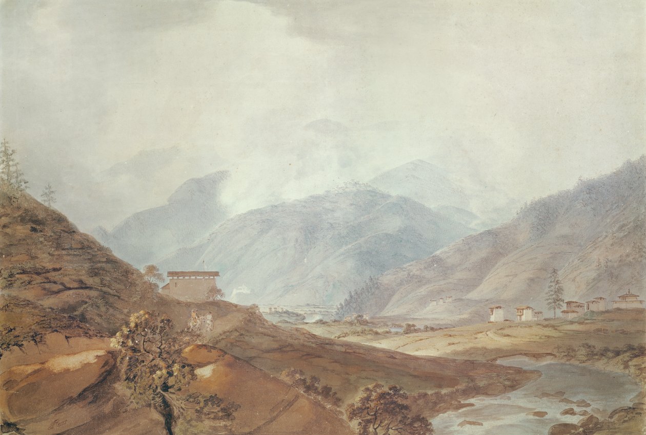 Berglandschap nabij Thimphu, Bhutan, 1783 door Samuel Davis