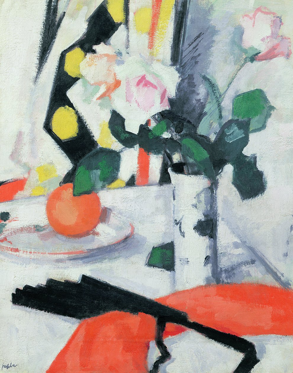 Stilleven: Rozen in een Chinese vaas met zwarte waaier, 1924 door Samuel John Peploe