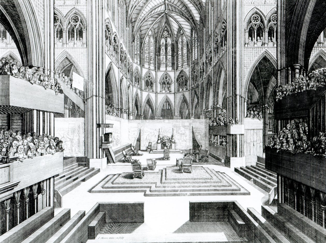 Kroning van James II in de Collegiale Kerk van St. Peter, Westminster door Samuel Moore