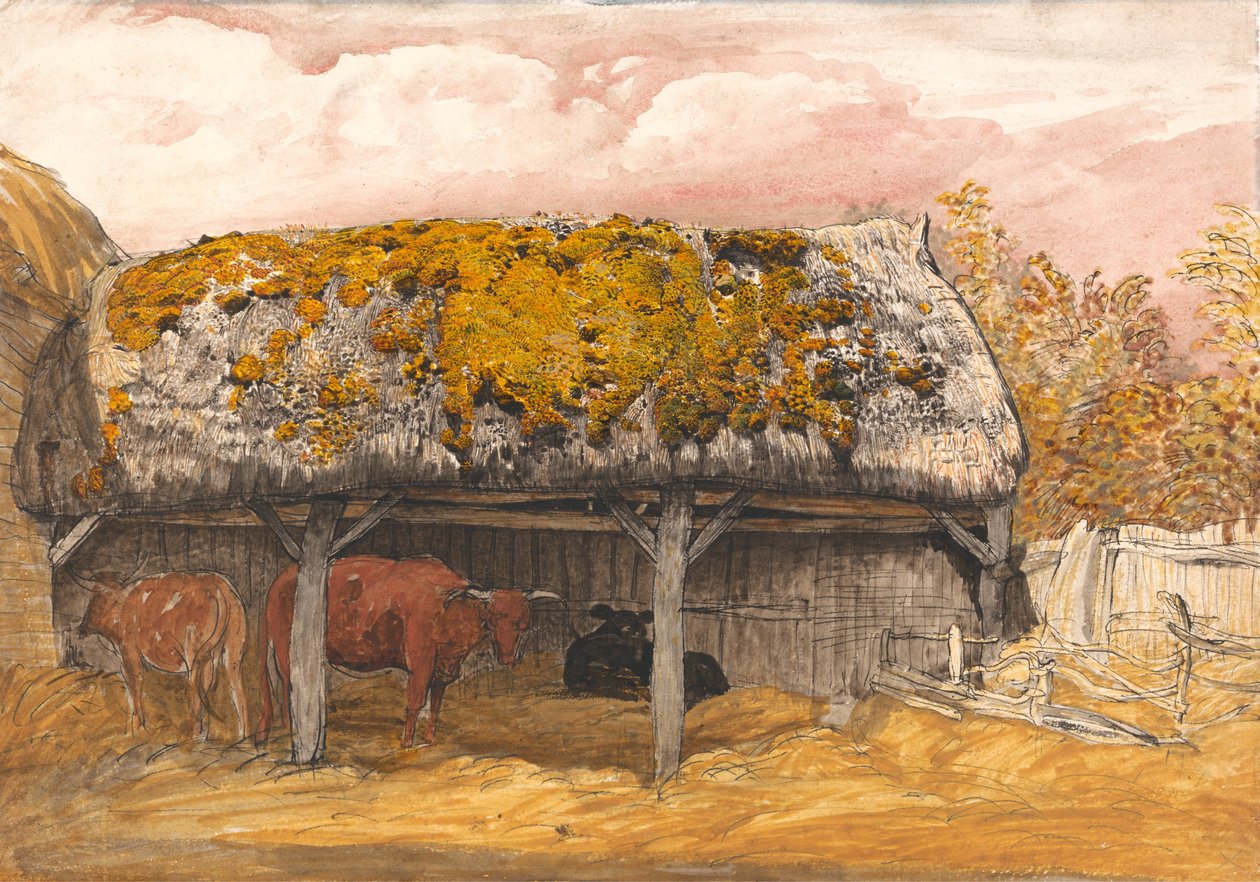 Een koeienstal met een mosdak door Samuel Palmer