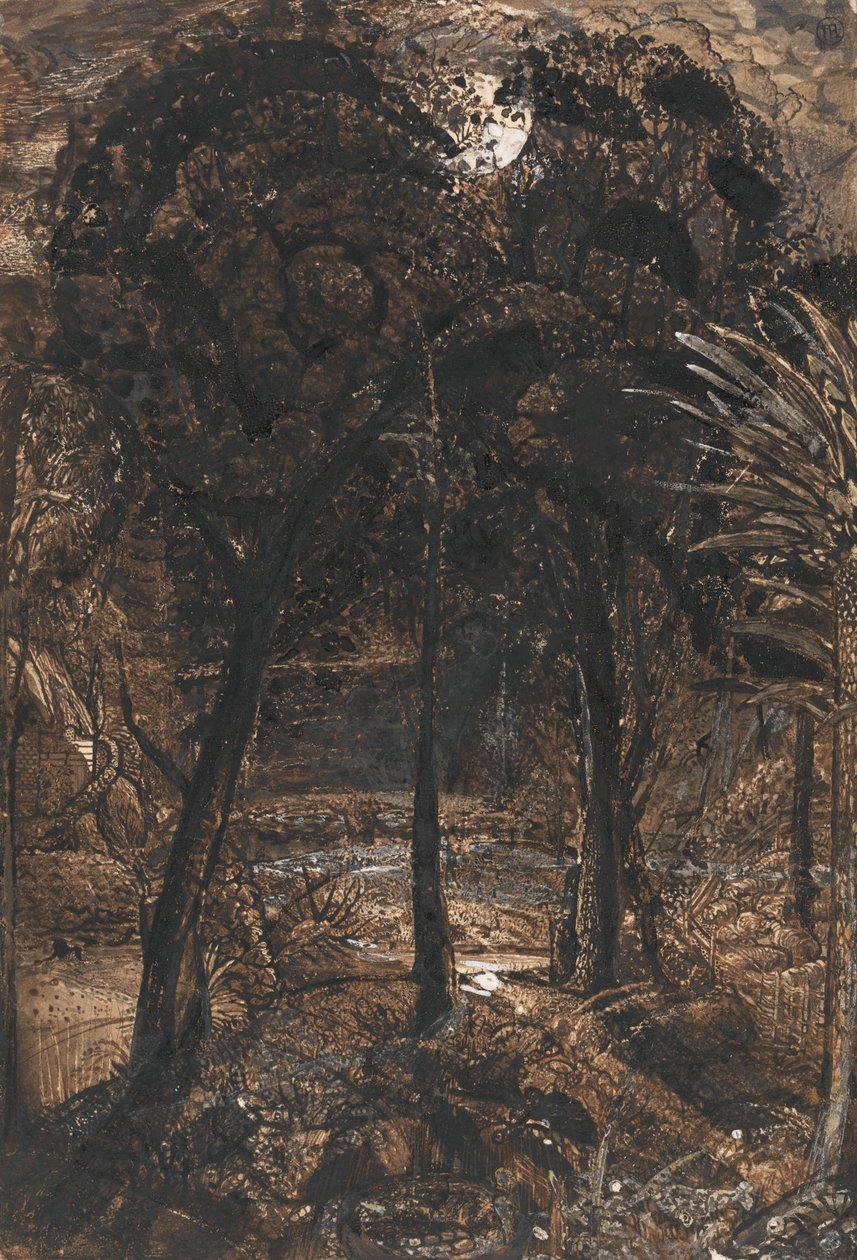 Een maanverlichte scène met een kronkelende rivier door Samuel Palmer