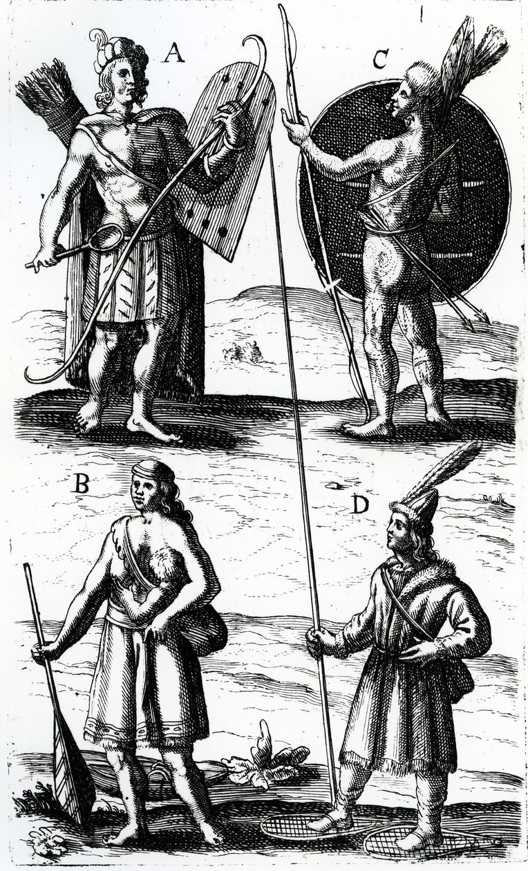 Illustraties van Algonquin-kleding, gravure uit Voyages of Sieur de Champlain door Samuel de Champlain (ca. 1574-1635), 17e eeuw door Samuel de Champlain