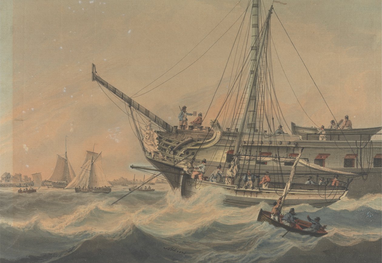 Oorlogsschip en Schepen voor de Kust door Samuel Atkins