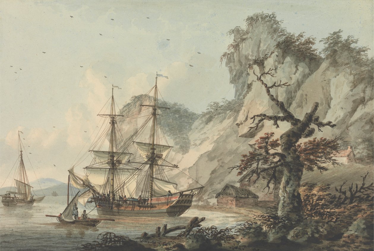 Koopvaardijschip voor de kust door Samuel Atkins