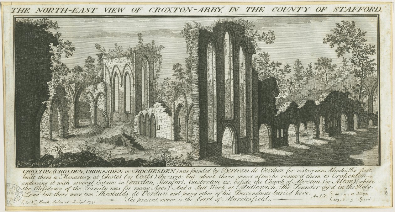 Croxden Abbey: gravure door Samuel Buck